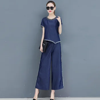 Denim Fashion Suit Female Summer 2019 New Temperament Slim Tops and Wide Leg Pants Two Piece Drop Women Two-piece Set LJ2415
Denim Fashion Suit Female Summer 2019 New Temperament Slim Tops and Wide Leg Pants Two Piece Drop Women Two-piece Set LJ2415