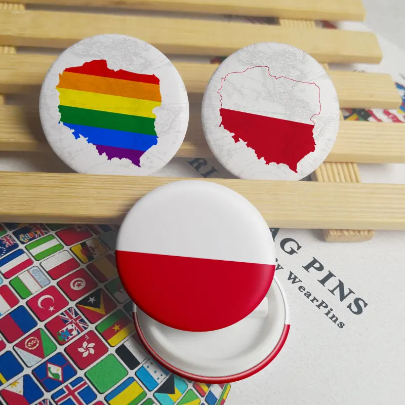Poland Flag Map Tin Button Pins LGBT Gay Rainbow Pride Tin Button Badges