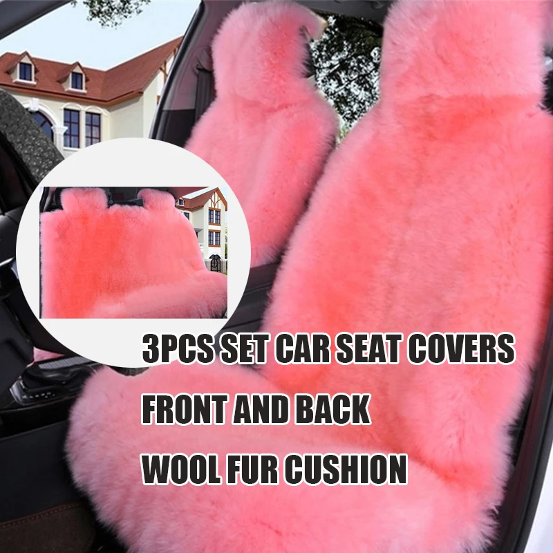 3Pcs//Set Car Genuine Sheepskin Full set Seat Covers Cushions Mat Long Wool Fur