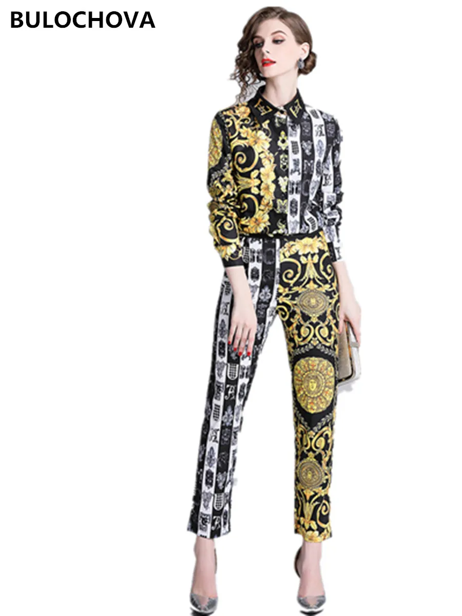 Tracksuit for Women's Runway Print Suits Femme 2020 Newest Spring Designer Womans Shirt Tops + Long Pants Two Pieces Sets M-2XL
Tracksuit for Women's Runway Print Suits Femme 2020 Newest Spring Designer Womans Shirt Tops + Long Pants Two Pieces Sets M-2XL