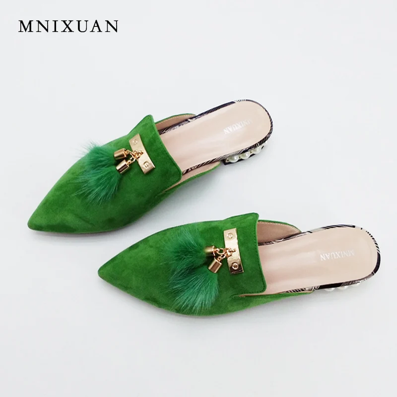 Image Women flat mules shoes pointed toe slides sandals big size 2017 summer genuine leather with fur pearls slip on shoes size 34 43