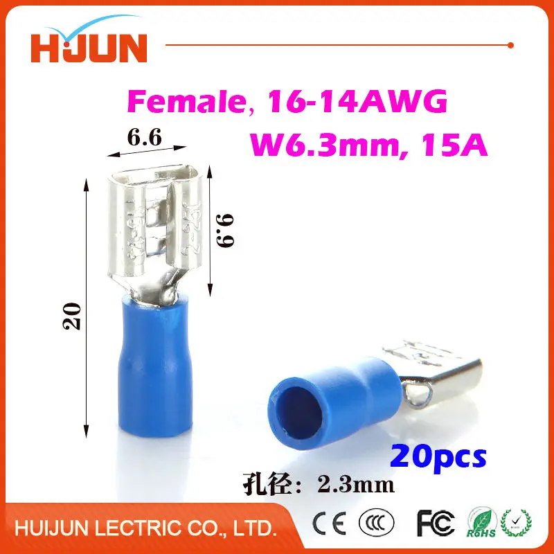 20pcs/lot 6.3 plug FDD2-250 Blue Female Quick Disconnect Cable Wire Splice Insulation Terminal Connector 1.5-2.5mm2 16-14AWG
20pcs/lot 6.3 plug FDD2-250 Blue Female Quick Disconnect Cable Wire Splice Insulation Terminal Connector 1.5-2.5mm2 16-14AWG