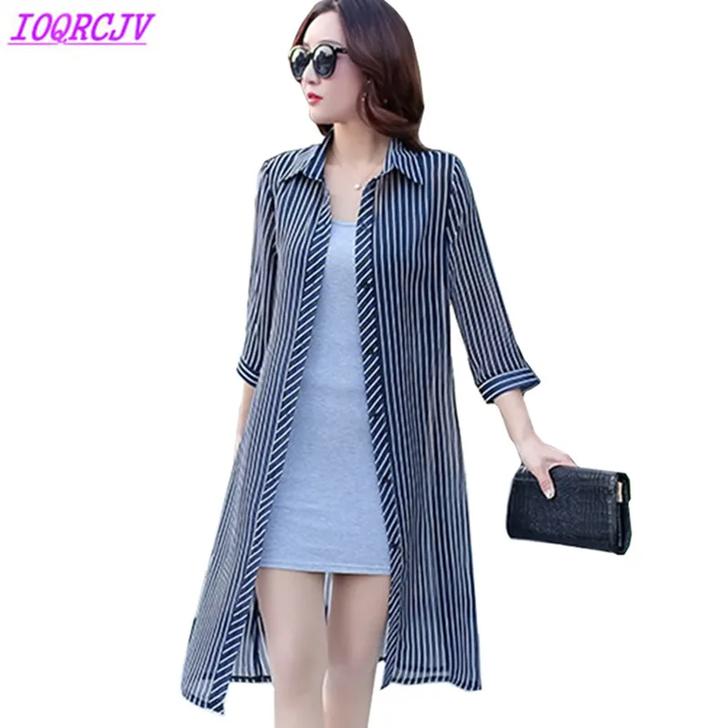 

Summer Women Sun protection Shirt Fashion Plaid Chiffon Shirt Plus size Long Stripe Thin Cardigan Tops Loose Shirt IOQRCJV H160