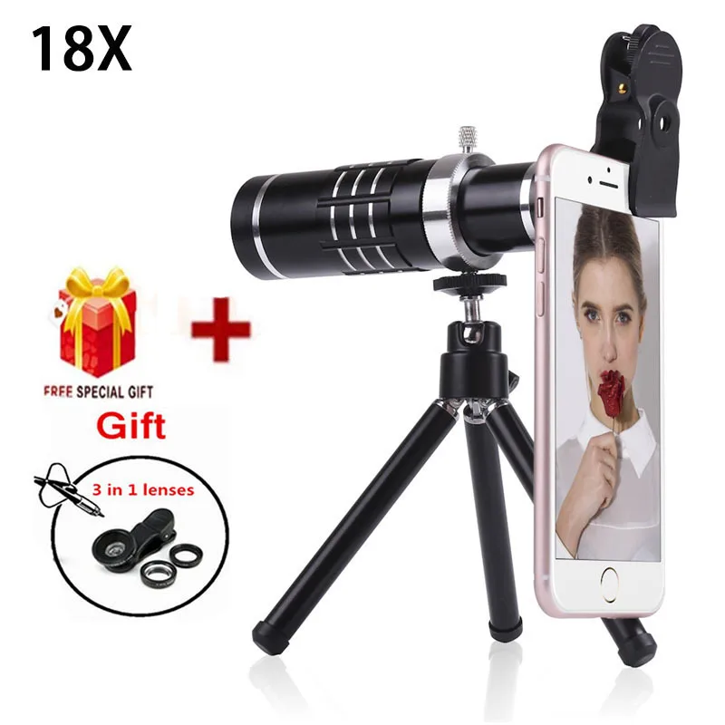 Phone camera lenses Kit 18X Telephoto Zoom Lens Telescope Fish eye Wide Angle Macro lentes For iPhone 5 6 6s 7 8 Plus Smartphone
Phone camera lenses Kit 18X Telephoto Zoom Lens Telescope Fish eye Wide Angle Macro lentes For iPhone 5 6 6s 7 8 Plus Smartphone