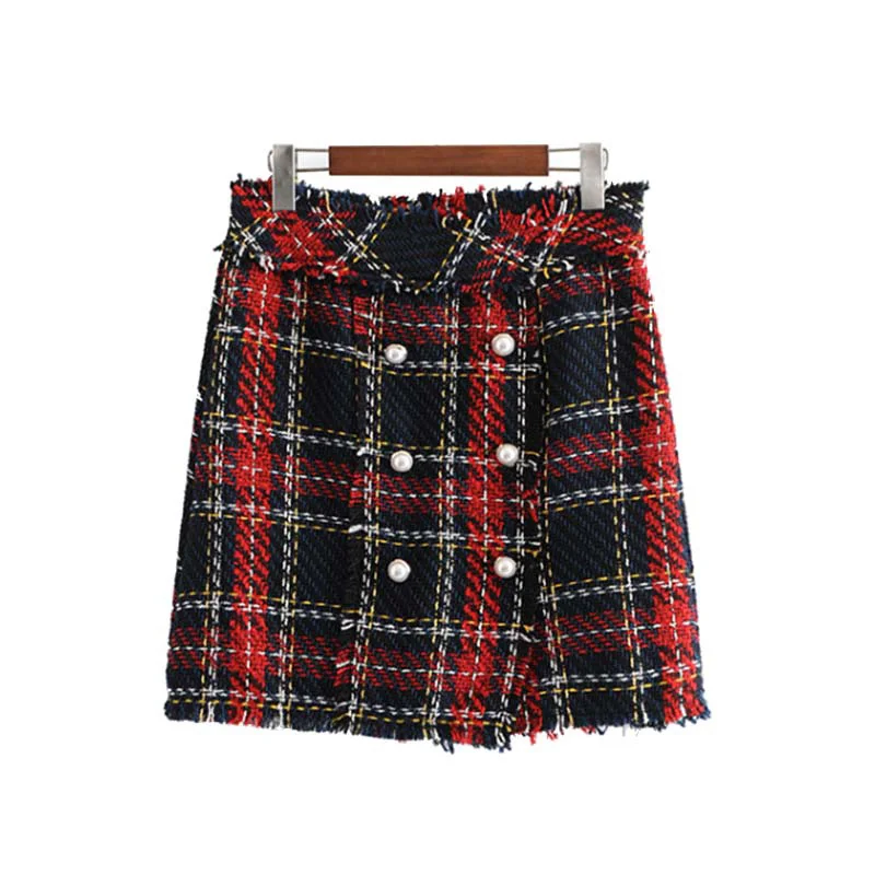 

vintage plaid tweed mini Women skirt fringe tassel buttons back zipper faldas mujer female casual chic A line skirts