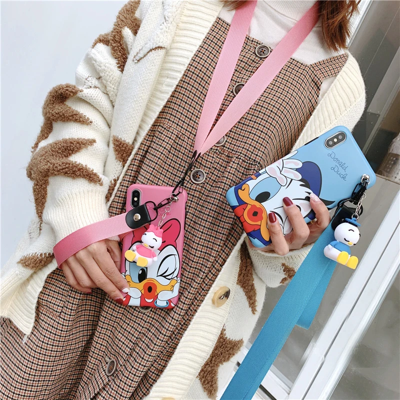 

For iphone XS max daisy minnie mickey case, Cute Soft matte back cover For IPhone 8plus 7P 6P 6 7 XR X Donald case + toy +StrapS