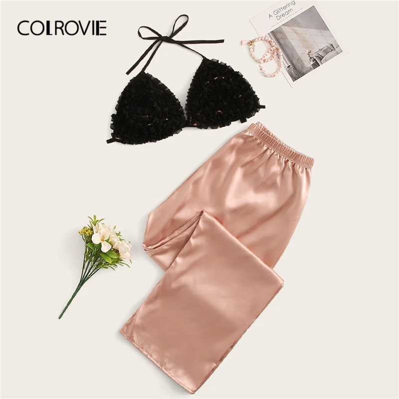 COLROVIE Frill Detail Halter Triangle Bra And Satin Pants PJ Set 2019 Summer Sexy Pajamas Women Sleepwear Ladies Pajama Set
COLROVIE Frill Detail Halter Triangle Bra And Satin Pants PJ Set 2019 Summer Sexy Pajamas Women Sleepwear Ladies Pajama Set