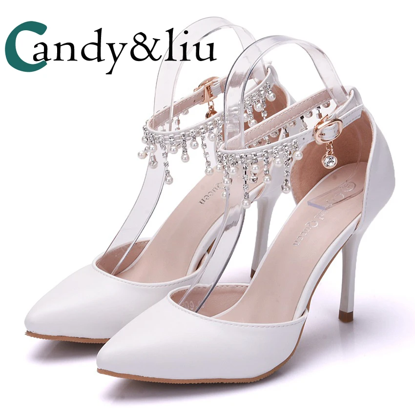 White Elegant Women Sandals with Pearl Tassle Ankle Strap Pointed Toe High Heel Pumps for Girls Lady Party Wedding Bridesmaid
White Elegant Women Sandals with Pearl Tassle Ankle Strap Pointed Toe High Heel Pumps for Girls Lady Party Wedding Bridesmaid