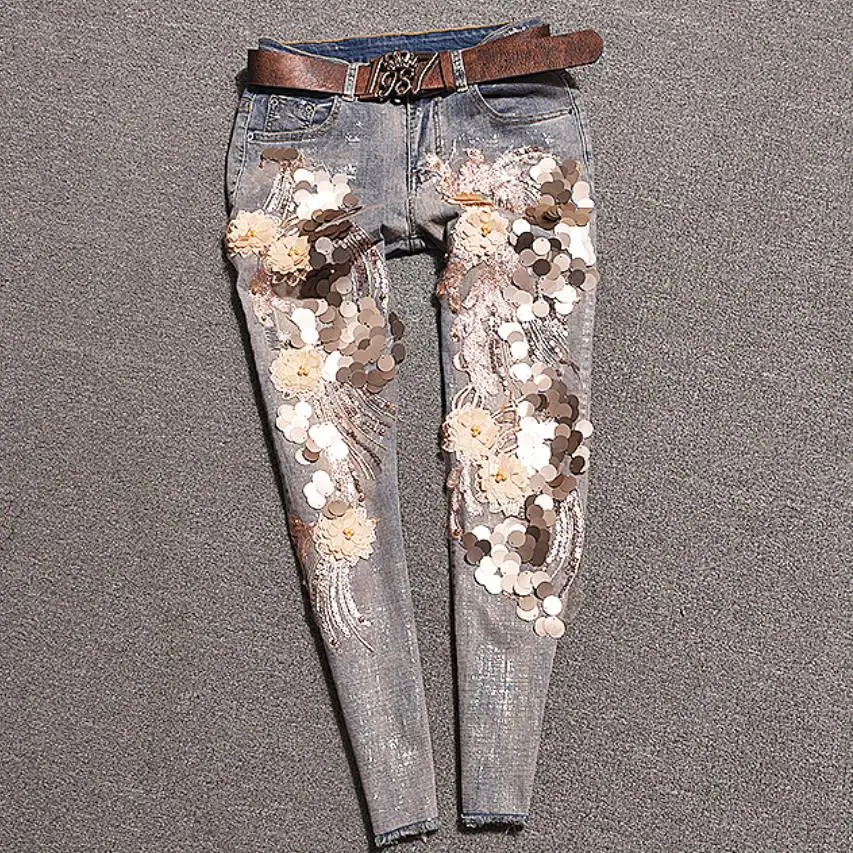 2019 Sequins Spring Summer Fashion 3D Sequins Florals Beading Jeans Women Denim Stretch Slim Skinny Ankle Length Pants
2019 Sequins Spring Summer Fashion 3D Sequins Florals Beading Jeans Women Denim Stretch Slim Skinny Ankle Length Pants