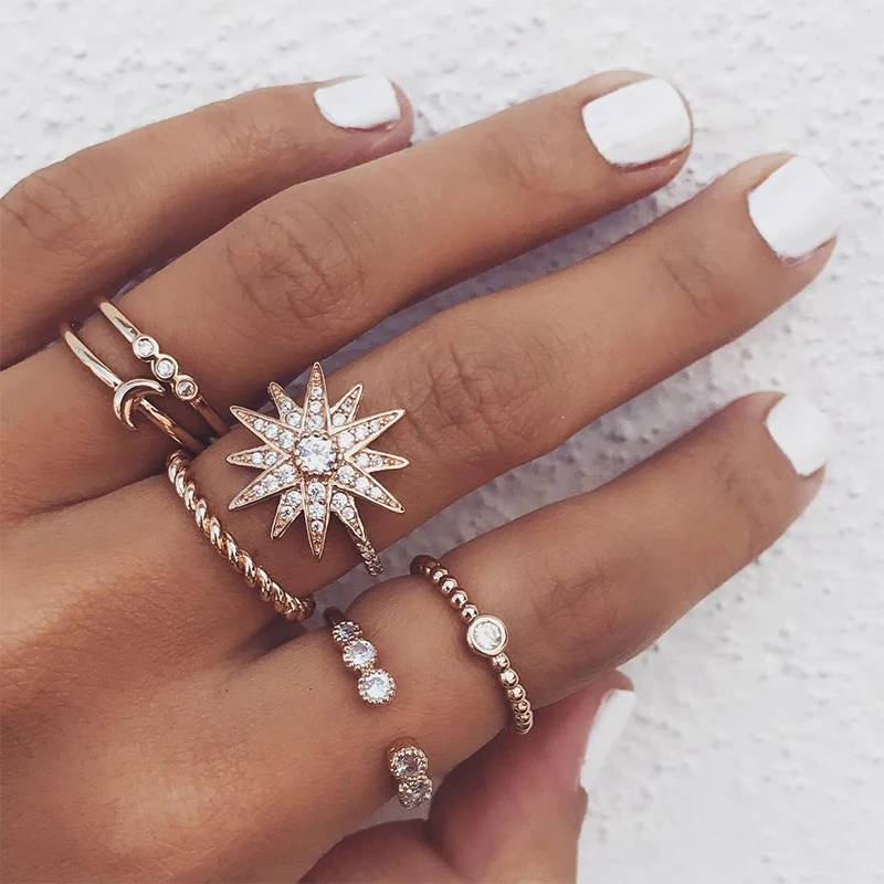 6 Pcs/set Bohemian Retro Women Snowflake Star Moon Crystal Geometry Irregular Gold Ring Set Exquisite Valentines Day Gift
6 Pcs/set Bohemian Retro Women Snowflake Star Moon Crystal Geometry Irregular Gold Ring Set Exquisite Valentines Day Gift