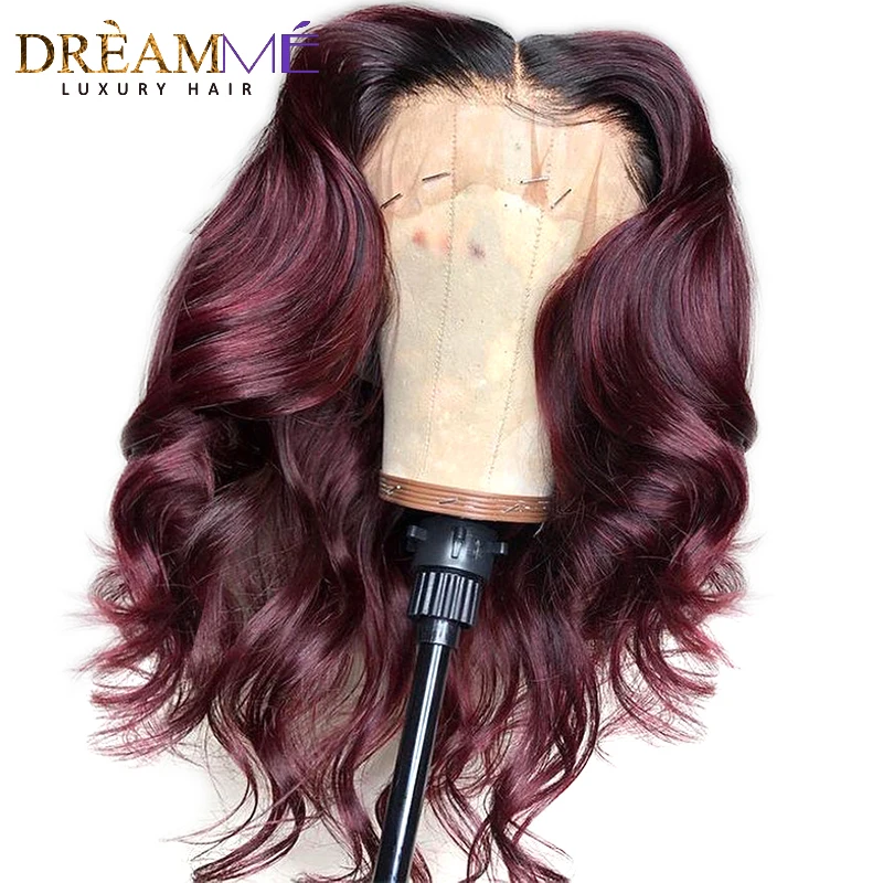 

1B/99J Burgundy Red Ombre Human Hair Wigs PrePlucked Lace Front Water Wave Wig Deep Part 13X6 Brazilian Remy Wig For Women Black
