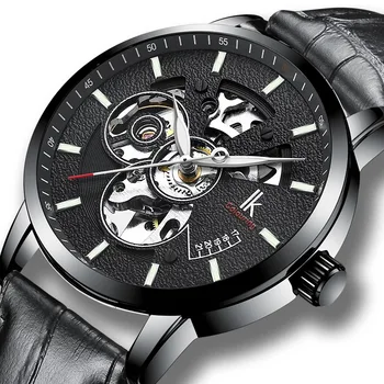 IK Colouring Male Automatic Watch Skeleton Steampunk Mechanical Clock Men with Genuine Leather Band Coated Glass Erkek Kol Saati