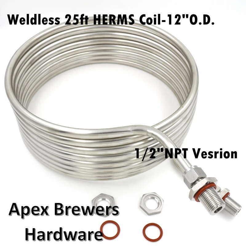 Weldless 25' x 1/2" HERMS Coil 12" diameter, Hot Liquor Tank Wort Chiller, Food Grade Stainless Steel 304,
Weldless 25' x 1/2" HERMS Coil 12" diameter, Hot Liquor Tank Wort Chiller, Food Grade Stainless Steel 304,