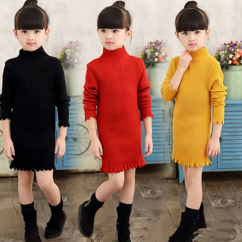 Фото Трикотажное платье для девочек однотонное детское платье-свитер с высоким