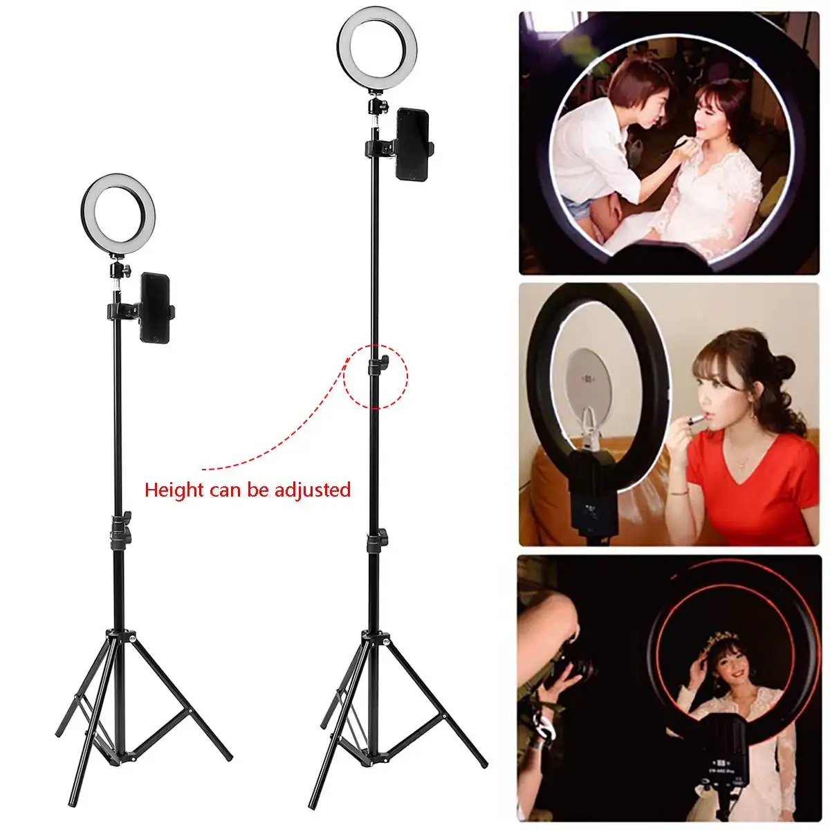 LED Ring Lamp Dimmable& Light Stand Kit Photo Selfie Video Makeup Live Multi-scene Use 5W USB Port With Tripod Phone Holder
LED Ring Lamp Dimmable& Light Stand Kit Photo Selfie Video Makeup Live Multi-scene Use 5W USB Port With Tripod Phone Holder