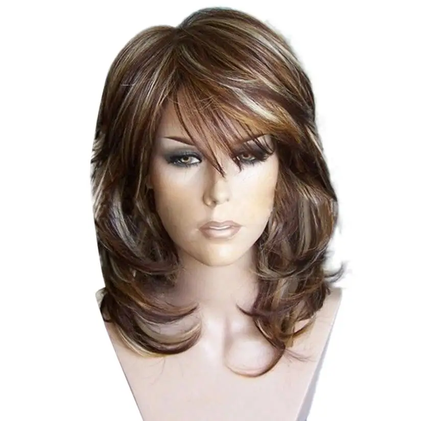 

Medium Side Bang Highlighted Layered Slightly Curled Synthetic Wig 0501 Drop Shipping