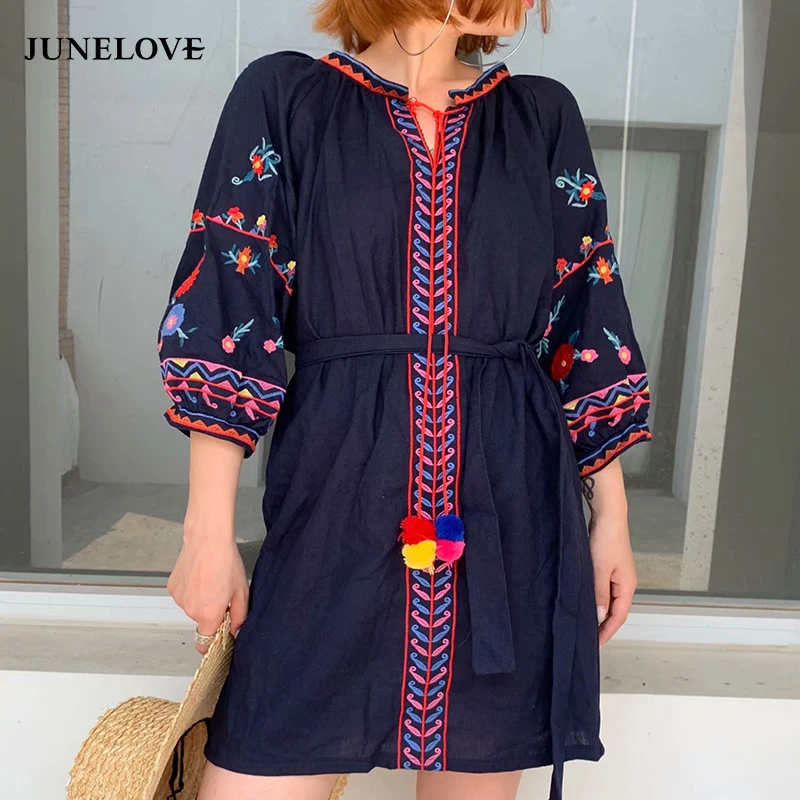 JuneLove-винтажное женское мини-платье с длинным рукавом вышивкой и поясом | Женская
