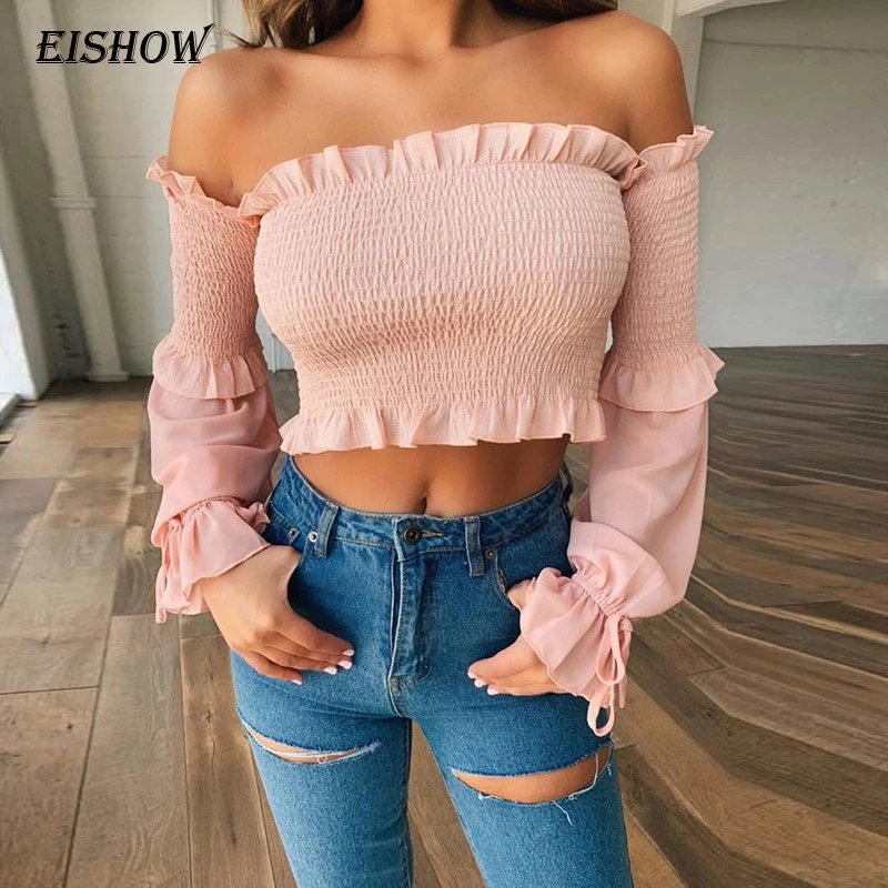 EISHOW Spring Sexy Off Shoulder Party Crop Top White Ruffles Sleeve Women T-shirt Office Street Casual Full Sleeve Tees Shirts
EISHOW Spring Sexy Off Shoulder Party Crop Top White Ruffles Sleeve Women T-shirt Office Street Casual Full Sleeve Tees Shirts