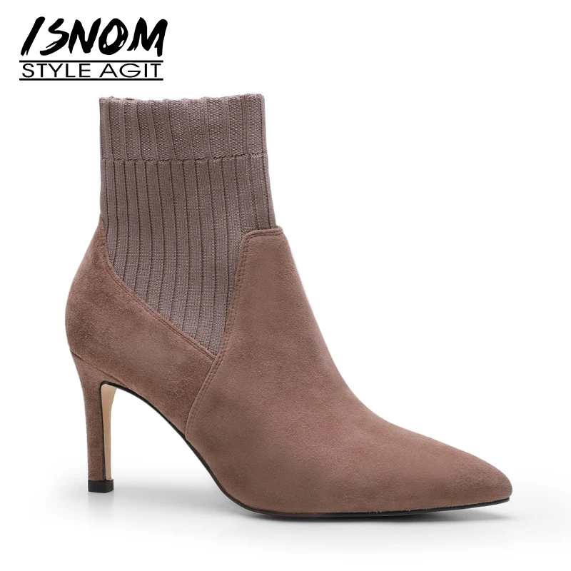 ISNOM High Heels Women Ankle Boots Pointed Toe Footwear Stretch Female Boot Kid Suede Fashion Knitted Shoes Woman Spring 2019 | Обувь