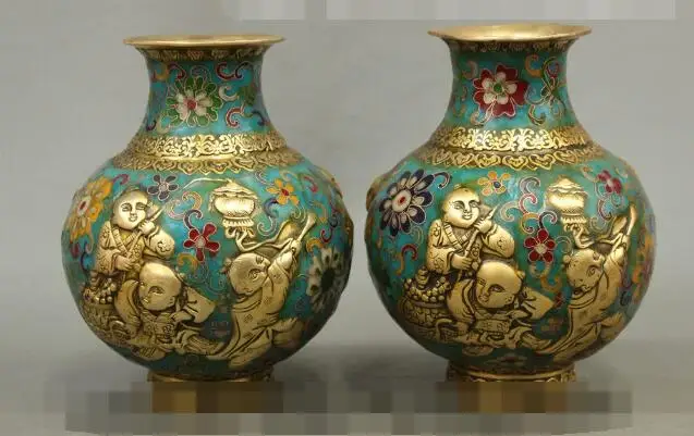 S5457 Marked Chinese Bronze Cloisonne Wealth Coin Child Kid Boy Statue Pot Vase Pair
S5457 Marked Chinese Bronze Cloisonne Wealth Coin Child Kid Boy Statue Pot Vase Pair