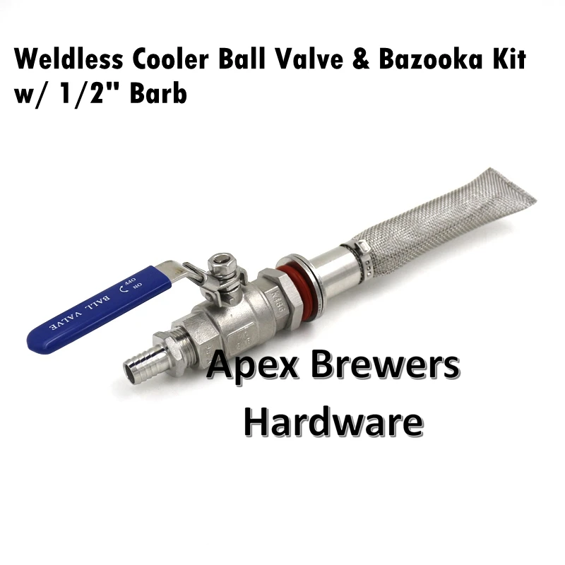 

Weldless Cooler Bazooka Kit, 6" Bazooka Screen, 2-Piece Ball Valve, 1/2" Hose Barb, Brewer Hardware