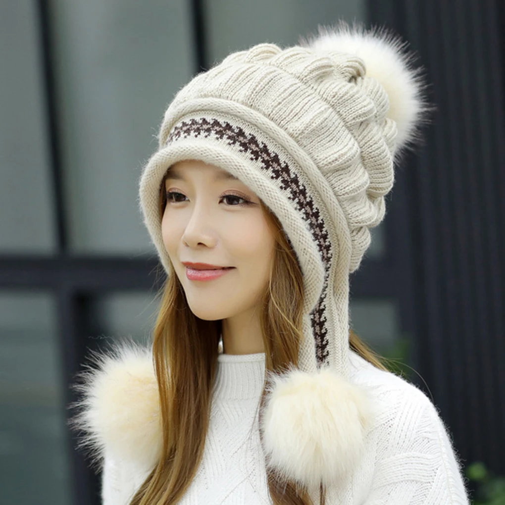 

New style Women Winter Autumn Warm Windproof Wool Hat Cycling Thicken Beanie Knitted Hair Cap