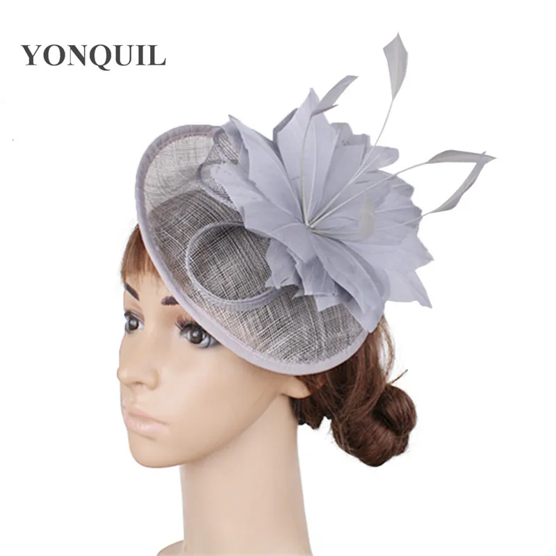 

Sinamay Party Derby Fascinator Women Wedding Hat Grey Color Feather Flower Ladies Headpieces Elegant Fancy Headbands Accessories
