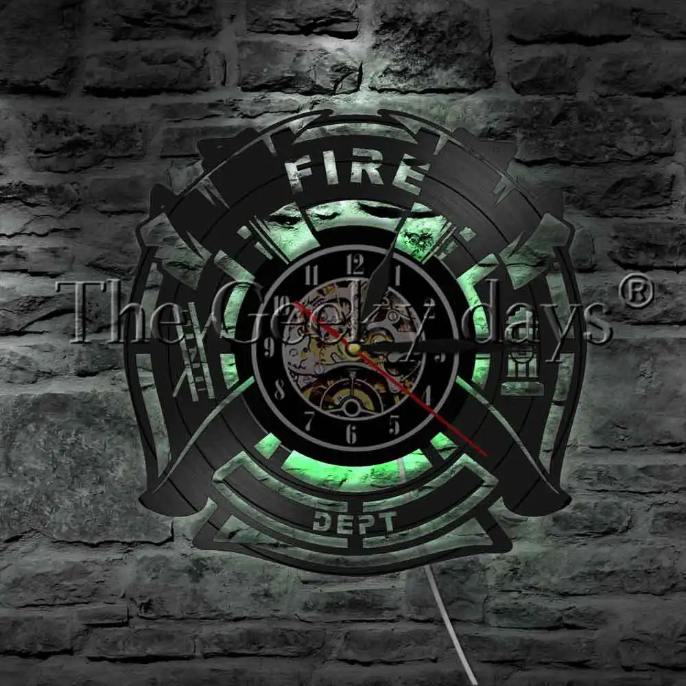 

Firefighter Rescue Sign Decorative Wall Light Vinyl Record Wall Clock Fire Department Fire Truck Hose Ladder LED Light