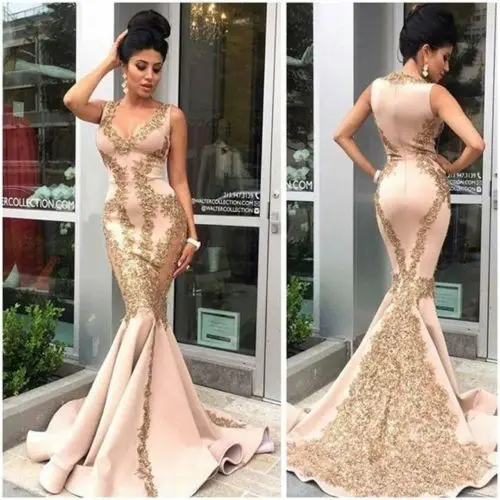 22-1 New Sweetheart 2019 Mermaid Long Prom Dress pink Party Gown Lace Gold Appliques Evening dresses Robe de soiree
