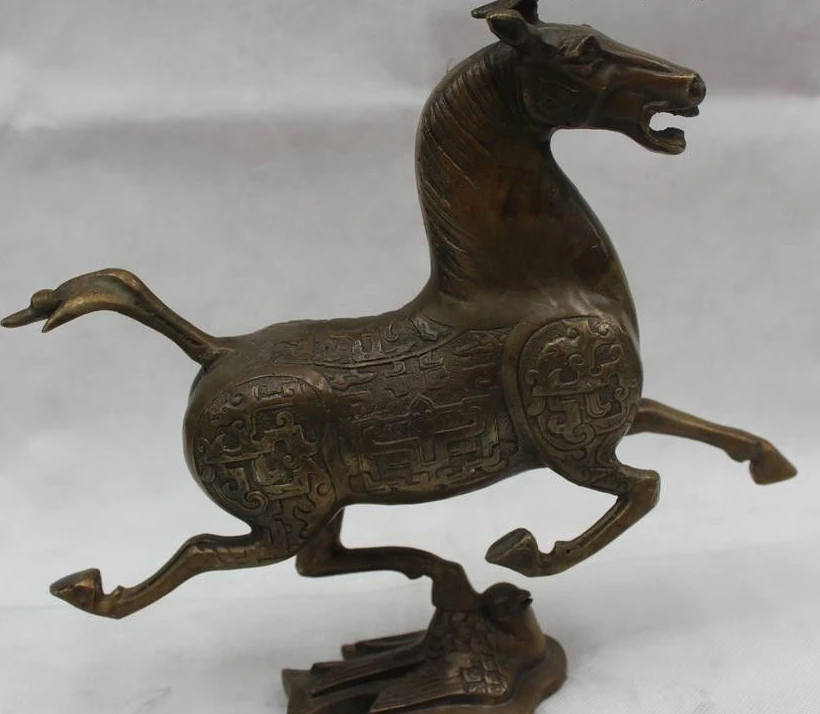 9"China Chinese Feng Shui Bronze Lucky Lifelike Horse tread swallow Statue