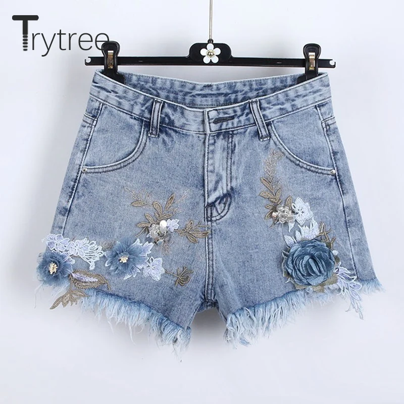 

Trytree Summer Jeans Women Casual Appliques Floral Embroidery Denim Shorts Button Fly Zip Pockets Tassels Shorts Fashion Jeans