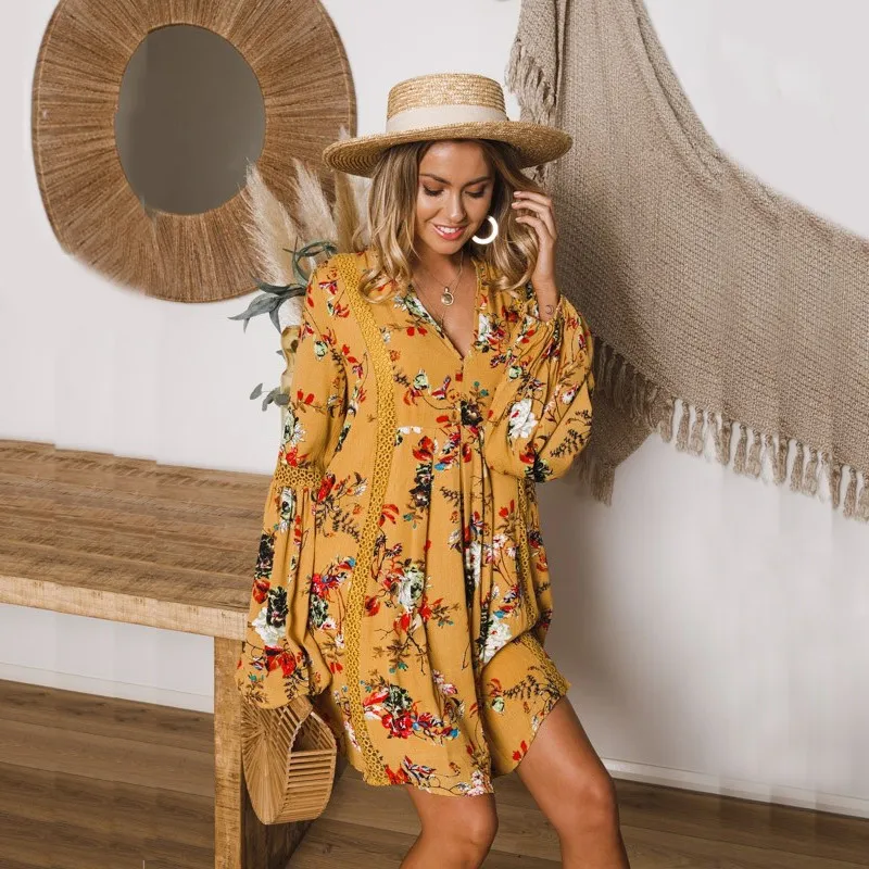 yinlinhe Yellow Florla Bohemian Summer Dress Long Lantern Sleeve V neck Beach Dress Women Hollow Out Loose Elegant Vestidos 7