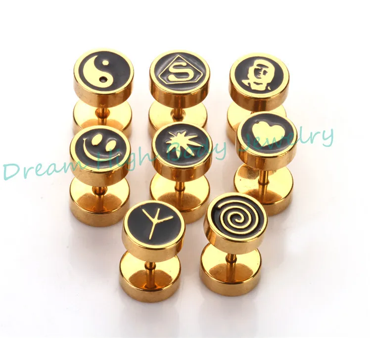 Gold Colour Barbell Earring Oil Design Ear Stud Ring Smile Yinyang Peace Different Logos Fake Ear Plugs Mens Womens Stretchers
Gold Colour Barbell Earring Oil Design Ear Stud Ring Smile Yinyang Peace Different Logos Fake Ear Plugs Mens Womens Stretchers
