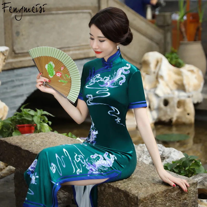 Fengmeisi Для женщин Cheongsam Длинные Qipao китайское традиционное платье Oriental зеленое