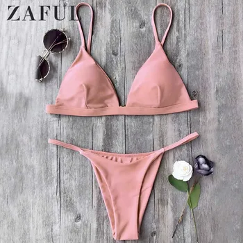 

ZAFUL String Bikini Low Waisted Spaghetti Straps Thong Bikini Set Low Waisted Solid Women Push Up Swimsuit Sexy Bathing Suit