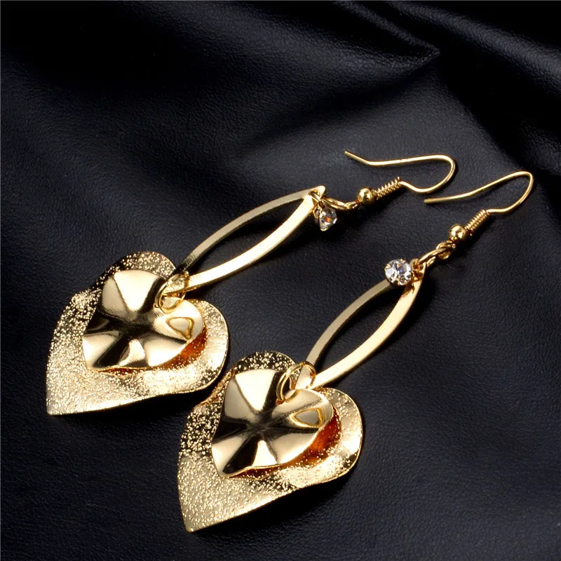 

SHUANGR New Hot Sale Fashion Elegant Gold Color Double Heart Long Drop Earrings Jewelry Statement Dangle earring for women 2016