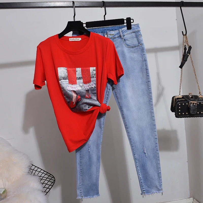 2019 Spring Summer Women Two Piece Outfits Hot Drilling Short Sleeve Red T-shirt+ Embroidery Sequins Jean Girls Denim Pants Set
2019 Spring Summer Women Two Piece Outfits Hot Drilling Short Sleeve Red T-shirt+ Embroidery Sequins Jean Girls Denim Pants Set