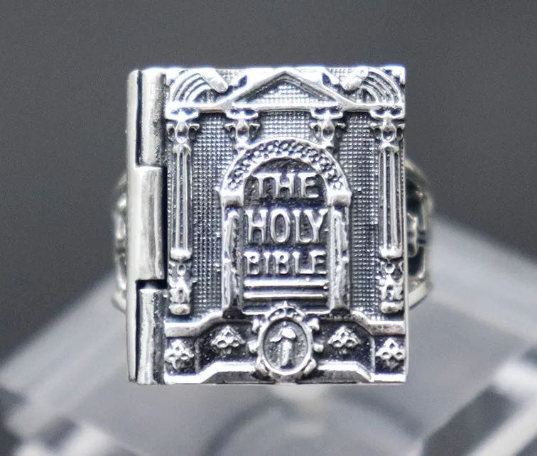 Imported S925 Thai Silver Bible Ring Retro Cross Religious Ring Men Forefinger Ring Atmospheric Christ