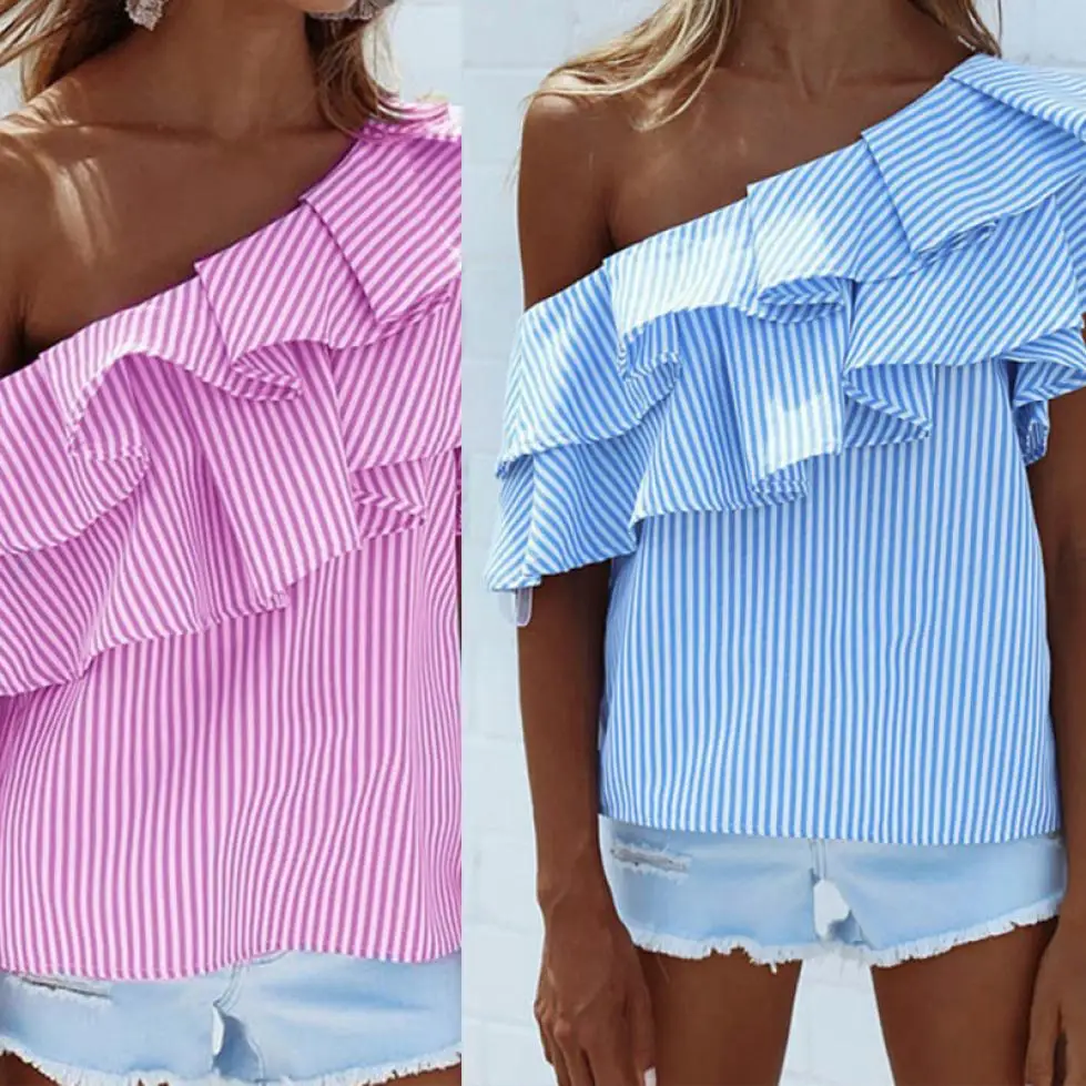 2018 Fashion Women Loose One Shoulder Tops Shirt Summer Casual Striped T-shirt Off-the-shoulder irregular ruffled striped shirt
2018 Fashion Women Loose One Shoulder Tops Shirt Summer Casual Striped T-shirt Off-the-shoulder irregular ruffled striped shirt