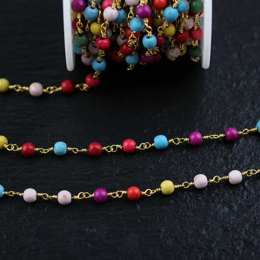 Фото 6mm Colorful Raw Turquoises Howlite Round Shape Beads Chains Plated Gold Copper Rosary Jewelry Necklace Supplies | Украшения и