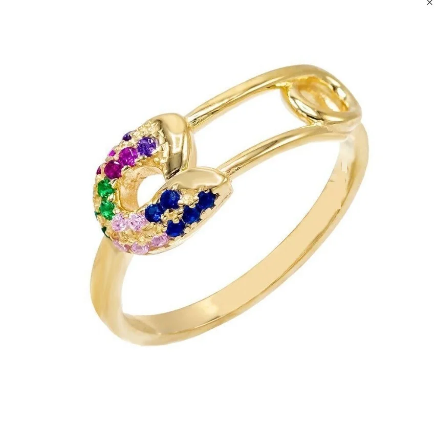 Фото cute lovely rainbow cz safety pin ring wholesale us size 5 6 7 8 unique new design finger jewelry | Украшения и аксессуары