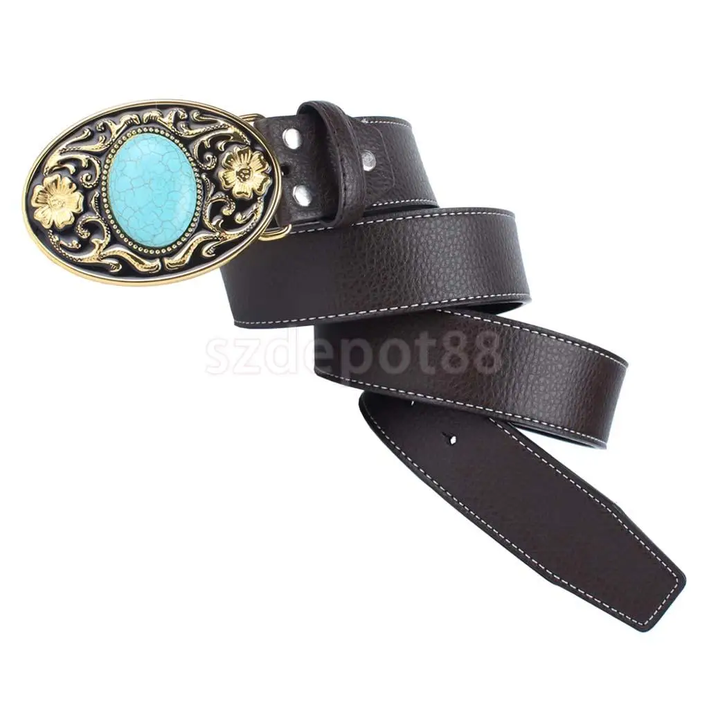 Western Cowboy Leather Belt With Arabesque Pattern Buckle Cowgirl Waist Belt