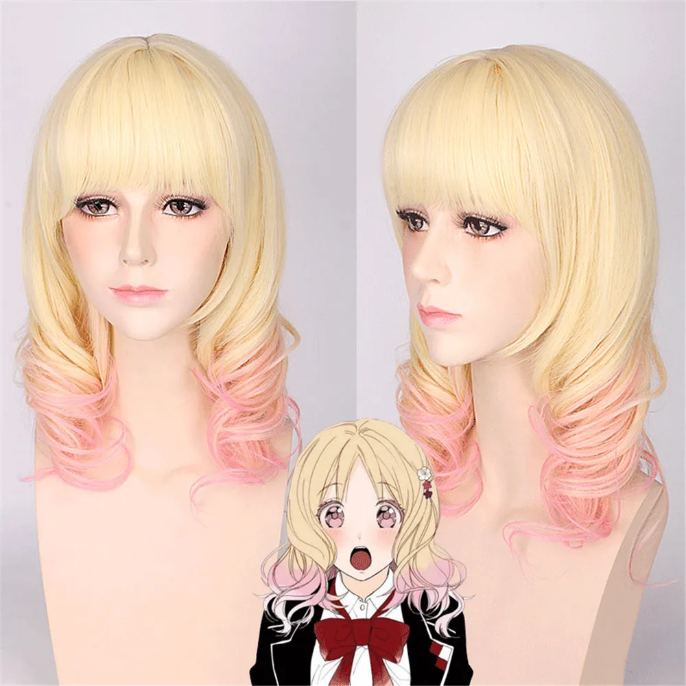 

Diabolik Lovers Komori Yui Pink Blonde Ombre Mix Curly Medium Flat Bangs Styled Synthetic Hair Cosplay Full Wigs women