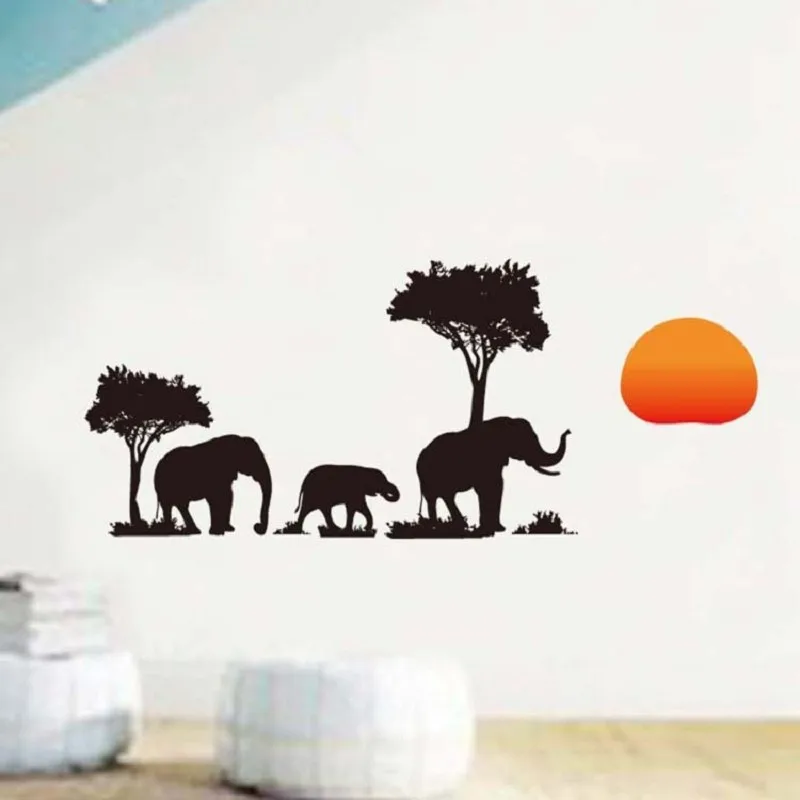 

Elephant walks in the forest under the setting sun DIY wall sticker Removable Vinyl Decals For Living Room background Bedroom