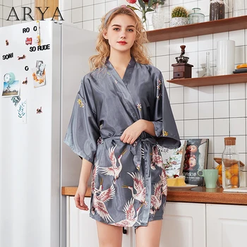 

ARYA Silk Satin Crane Print Short Kimono Self Belted Robe V Neck Half Sleeve Women Summer Dressing Gown Night Robe Sleepwear