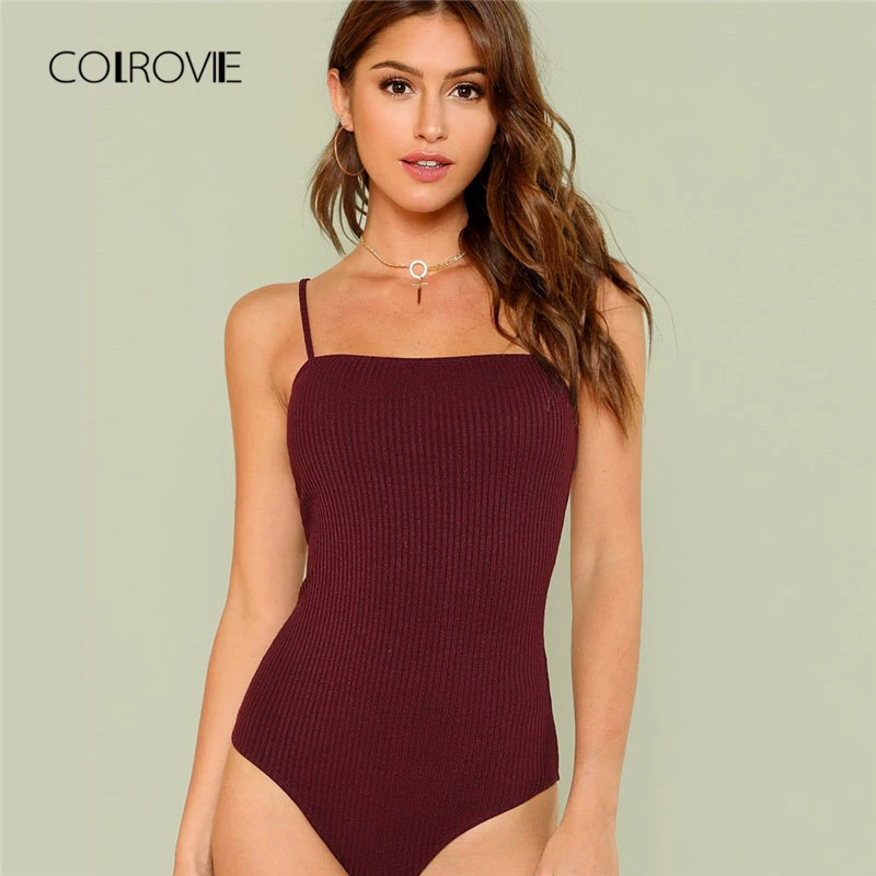 

COLROVIE Black Knit Cami Sexy Bodysuit 2018 New Summer Spaghetti Strap Plain Clothing Burgundy Holiday Skinny Women Bodysuit