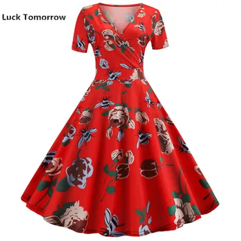 2019 Women Short Sleeve V-neck Robe Vintage Rockabilly Dress Floral Red Print Summer Dress Elegant A line Plus size Office Dress
2019 Women Short Sleeve V-neck Robe Vintage Rockabilly Dress Floral Red Print Summer Dress Elegant A line Plus size Office Dress