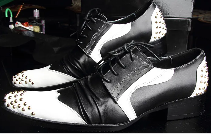 

black white new fashion low heel rivet pointed toes casual leather shoes male mixed color flat spring autumn dress shoes