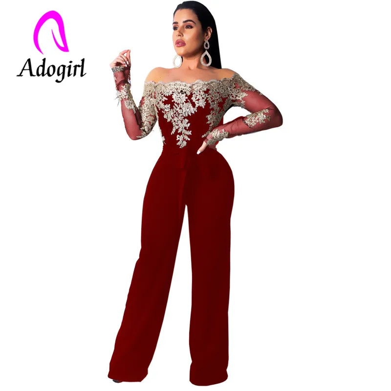 Adogirl golden embroidery jumpsuits wide leg long sleeve slash neck Water soluble lace jumpsuit floral suit | Женская одежда