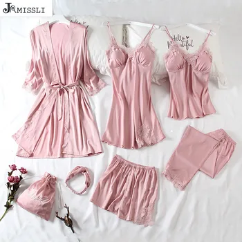 JRMISSI New Spring 7 Piece Sexy Lace Pajamas Set Women Faux Silk Lace Sling Sleeveless Shirt Shorts Summer Robe Sleepwear
JRMISSI New Spring 7 Piece Sexy Lace Pajamas Set Women Faux Silk Lace Sling Sleeveless Shirt Shorts Summer Robe Sleepwear